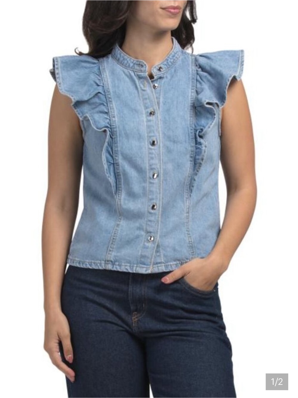 CURRENT/ELLIOTT Sleeveless Mandarin Collar Hidden Button Placket Denim vest top
